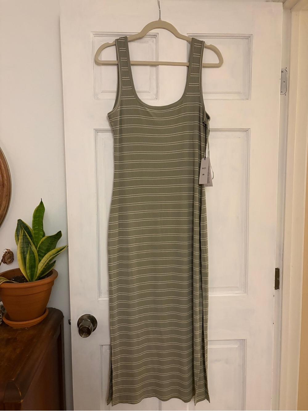 RVCA Olive Green Striped Tank Midi Dress